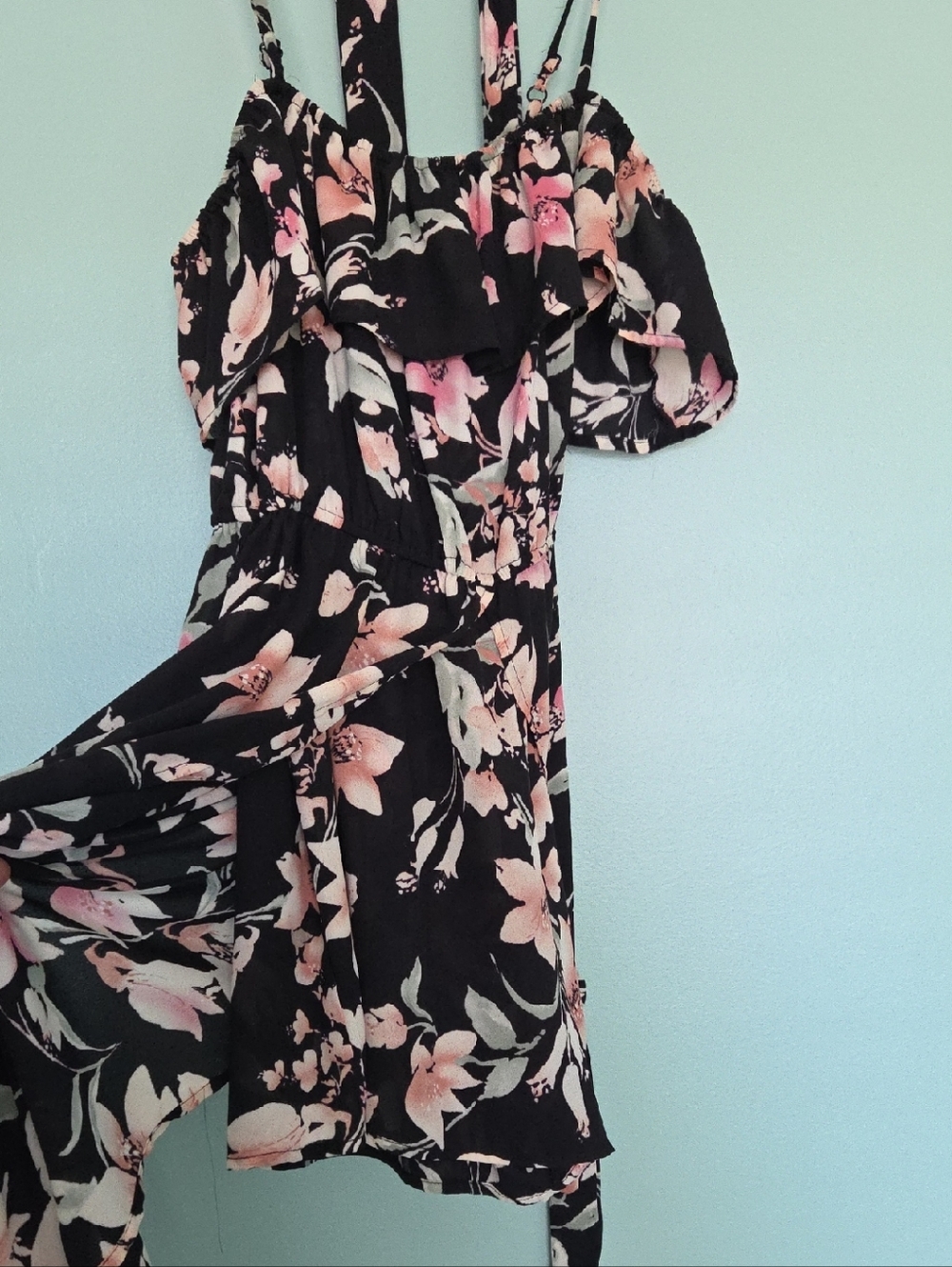 Black Floral Off-Shoulder Short Jumpsuit in Black Pink and Green